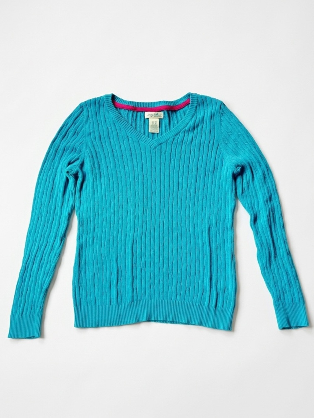 Bright Turquoise Cotton Cable Knit V-Neck Sweater by Caribbean Joe Women’s Med